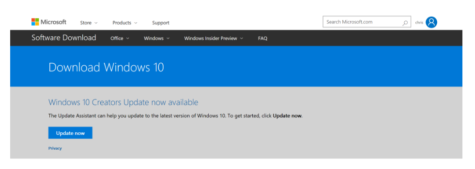 Microsoft Windows 10 Creators Update menu